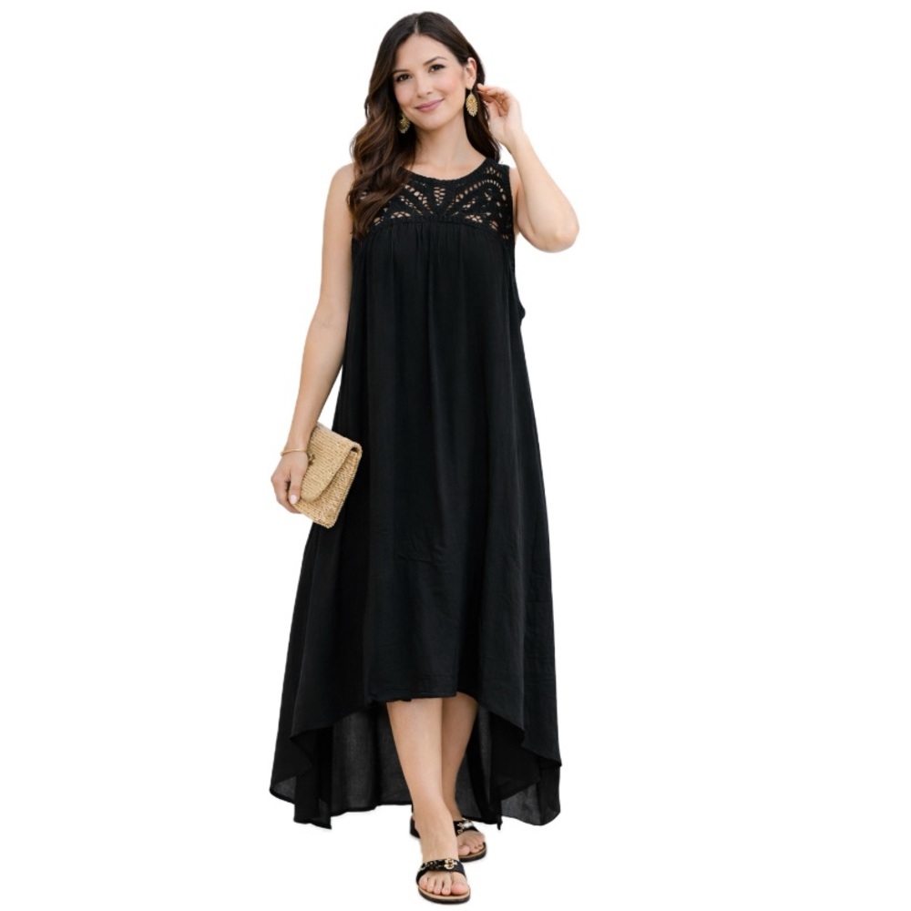 Cable & Gauge, NWT Black High Low Maxi Dress Crochet Top, Size L